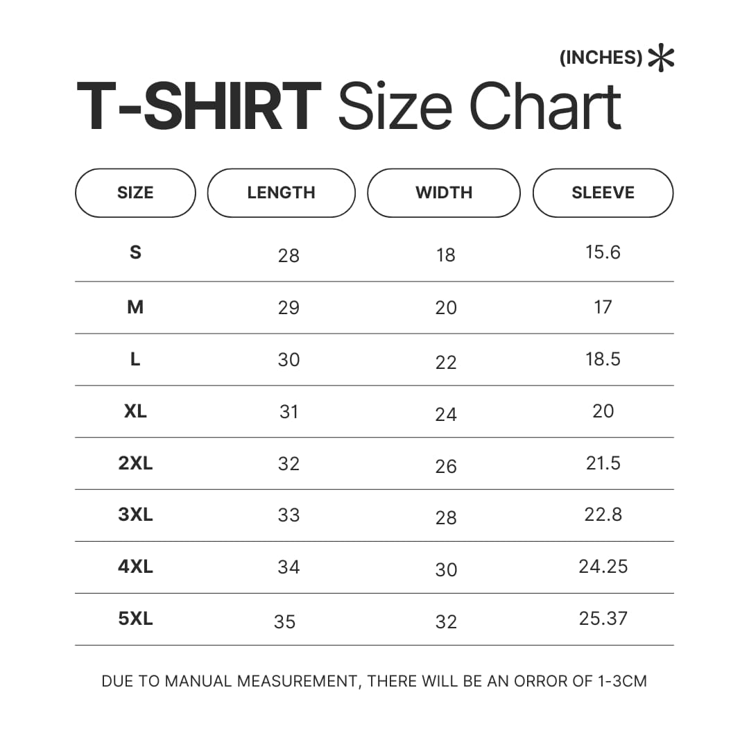 T shirt Size Chart - Toradora Merch
